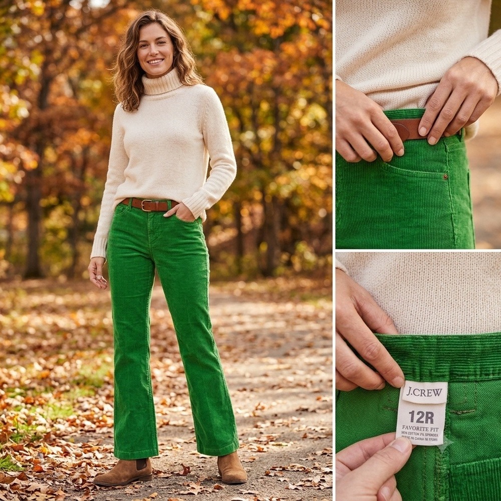 J.Crew Corduroy Pants Women 12R Green Favorite Fit Straight Leg Stretch